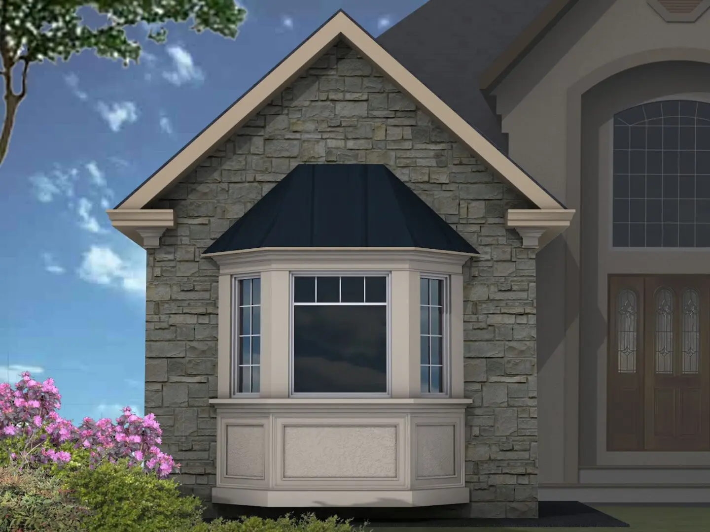 A rendering of the front window of a house.